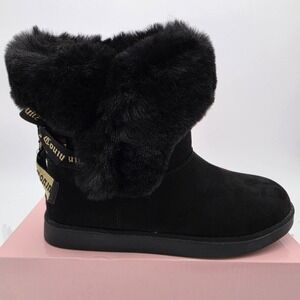 Juicy Couture KING 2 Black Faux Fur Trim Winter Boots Women 6 Ribbon Back NEW